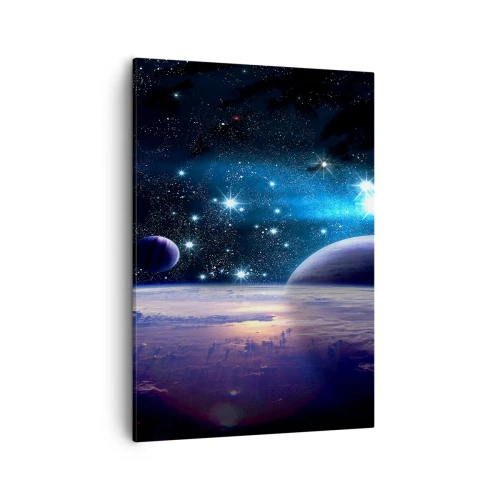 Bild auf Leinwand - Leinwandbild - Ein Blick in den Weltraum mit Planeten und Sternen - 50x70cm - Noch allein? - Moderne Wanddekoration für Wohnzimmer und Schlafzimmer ARTTOR
