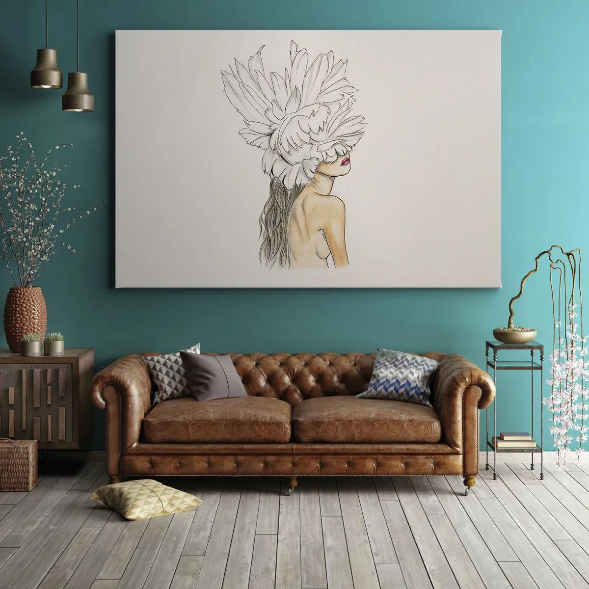 Bild auf Leinwand - Leinwandbild - Portrait einer Frau mit Federschmuck im künstlerischen Stil - 120x80cm - Gekrönte Schönheit - Moderne Wanddekoration für Wohnzimmer und Schlafzimmer ARTTOR