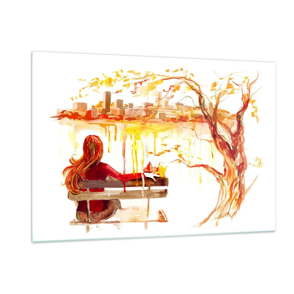 Glasbild - Bild auf glas - Eine Figur auf einer Bank mit Blick auf die Stadt in Aquarell - 120x80cm - Ein Moment der Besinnung - Moderne Wanddekoration für Wohnzimmer und Schlafzimmer ARTTOR