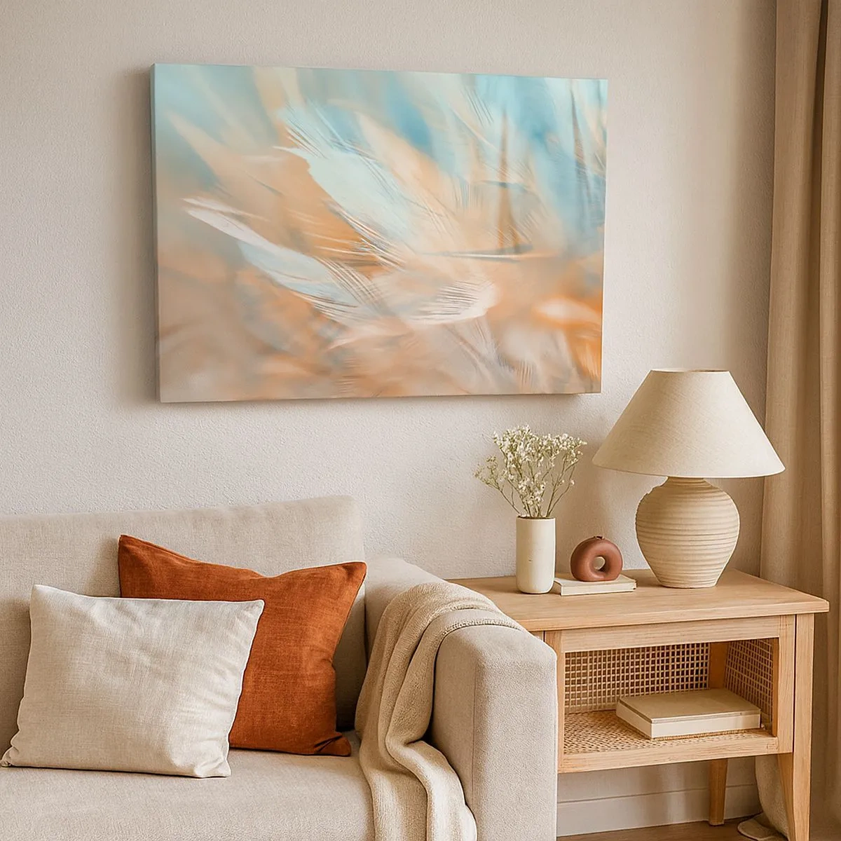 Bild auf Leinwand - Leinwandbild - Zarte Federn in Pastelltönen von Blau und Orange - 70x50cm - Im Land der Sanftmut - Moderne Wanddekoration für Wohnzimmer und Schlafzimmer ARTTOR