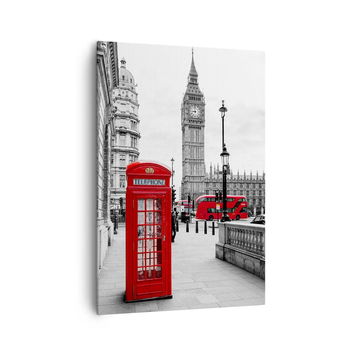 Bild auf Leinwand - Leinwandbild - Eine rote Telefonzelle mit Big Ben im Hintergrund in London - 70x100cm - London, ohne Zweifel - Moderne Wanddekoration für Wohnzimmer und Schlafzimmer ARTTOR