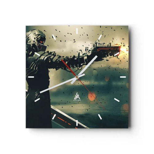 Wanduhr - Glasuhr - Kybernetischer Krieger mit futuristischen Waffen - 30x30cm - Tödliche Waffe - Dein ganz eigener Terminator - Moderne Wanddekoration für Wohnzimmer und Schlafzimmer ARTTOR