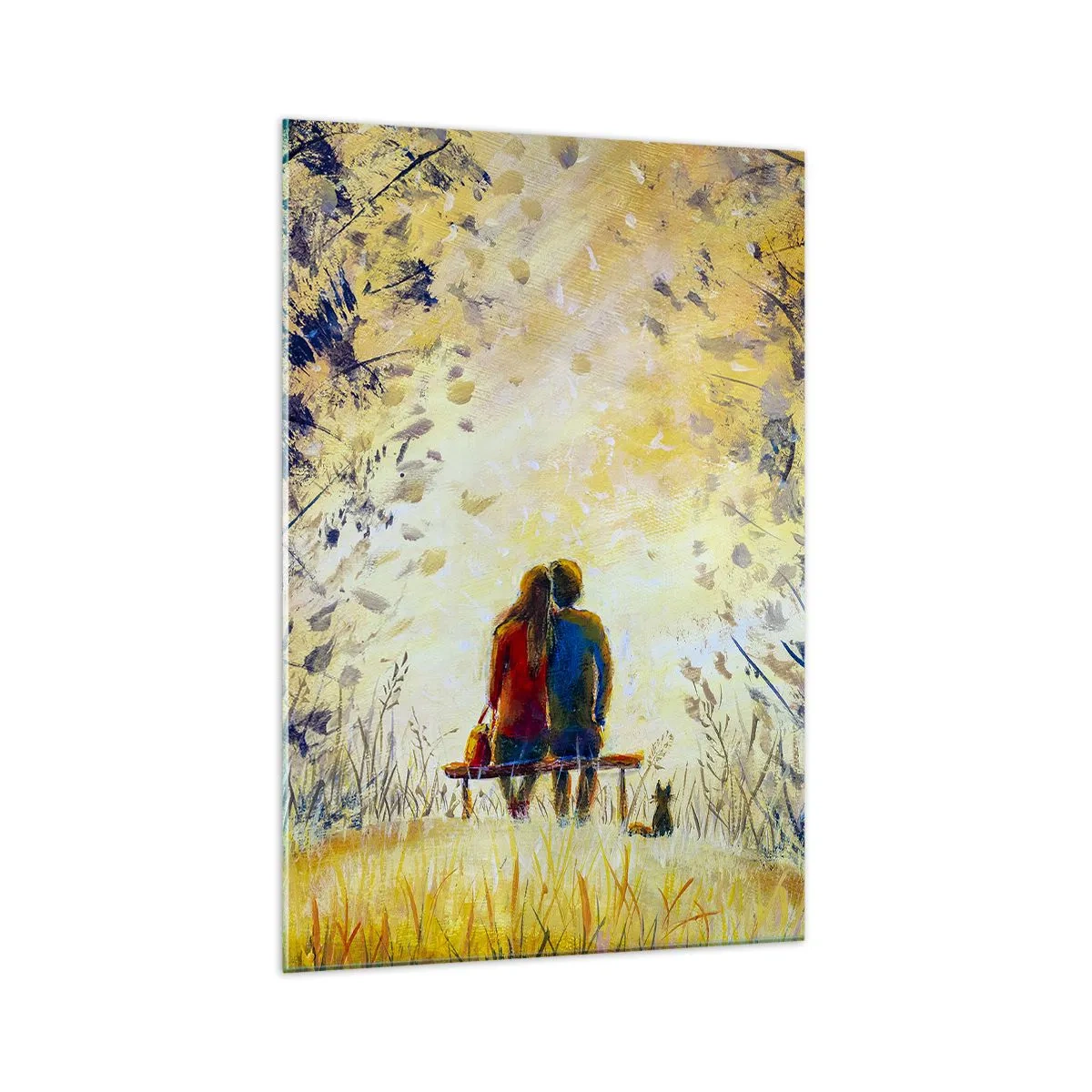 Glasbild - Bild auf glas - Ein Paar sitzt auf einer Bank zwischen herbstlichen Bäumen im Sonnenlicht - 70x100cm - Magischer Augenblick - Moderne Wanddekoration für Wohnzimmer und Schlafzimmer ARTTOR