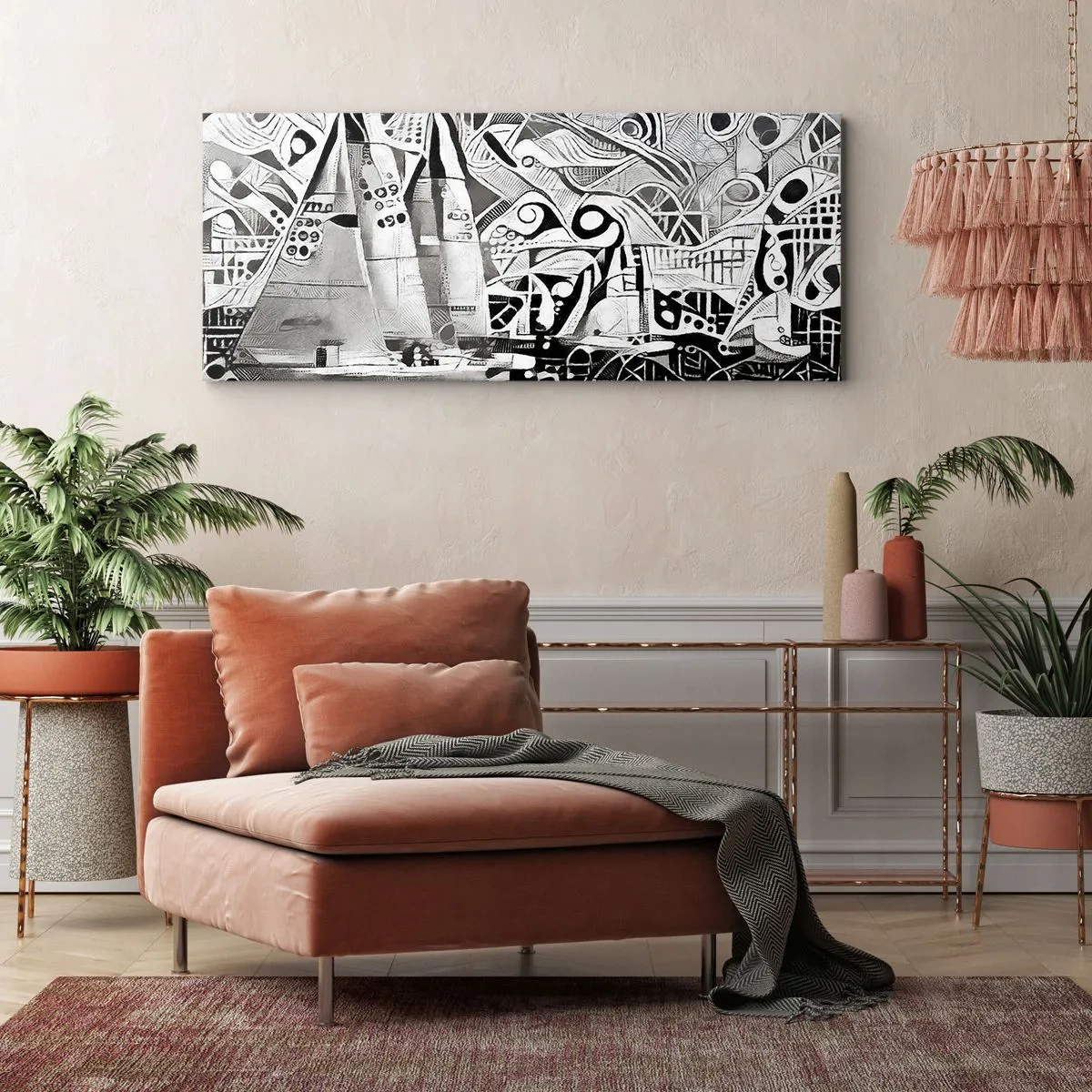 Bild auf Leinwand - Leinwandbild - Abstrakte Segelboote in einer monochromen Komposition - 120x50cm - Zwischen den Wellen - Moderne Wanddekoration für Wohnzimmer und Schlafzimmer ARTTOR