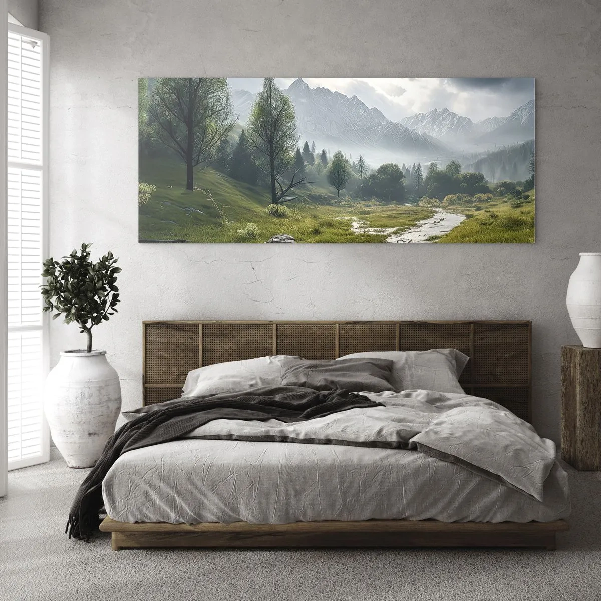 Glasbild - Bild auf glas - Eine Berglandschaft mit einem Fluss und Bäumen, umgeben von nebligen Bergen - 140x50cm - Hin und zurück - Moderne Wanddekoration für Wohnzimmer und Schlafzimmer ARTTOR