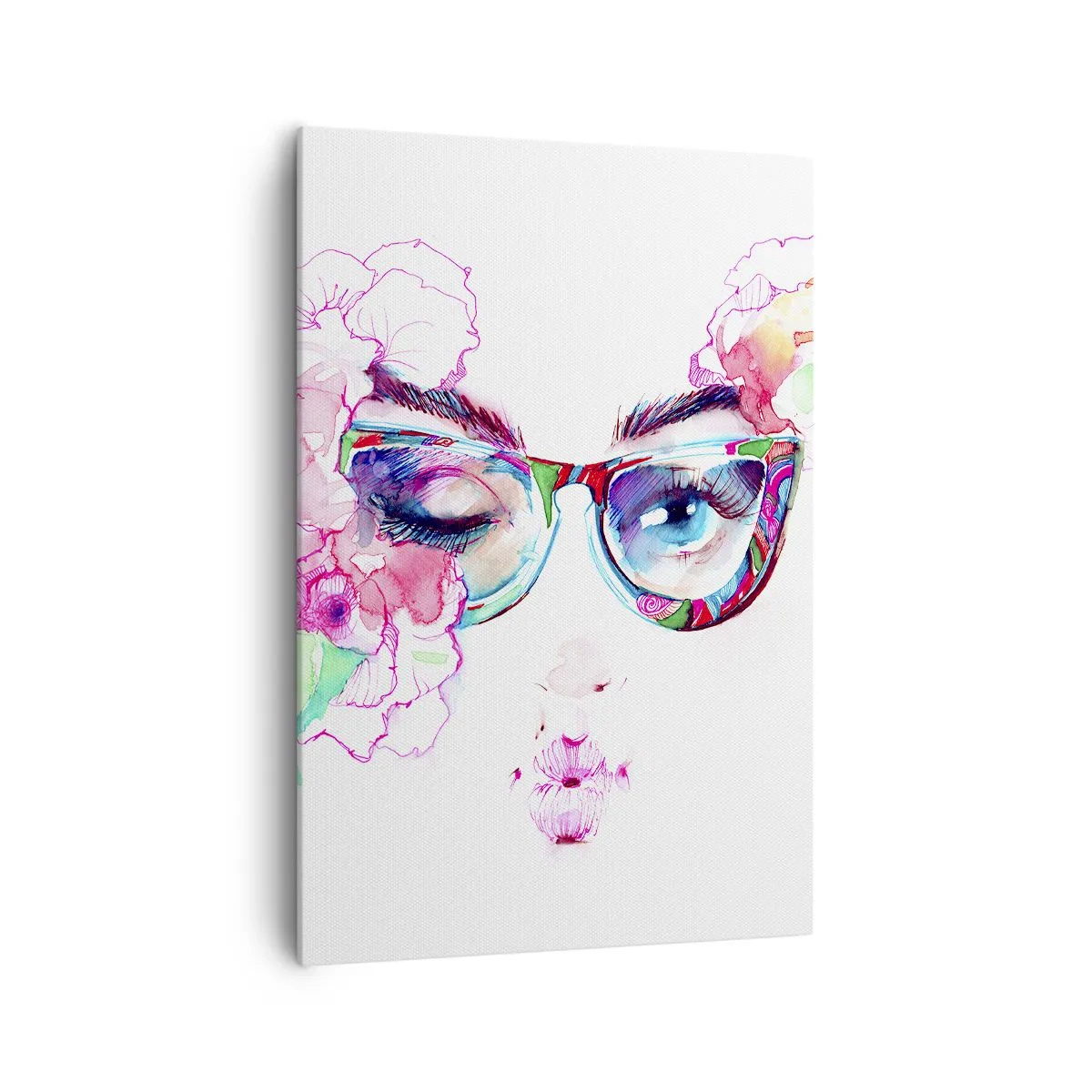 Bild auf Leinwand - Leinwandbild - Aquarellgesicht mit bunten Gläsern und Blumen - 70x100cm - Ein verlockendes Versprechen - Moderne Wanddekoration für Wohnzimmer und Schlafzimmer ARTTOR
