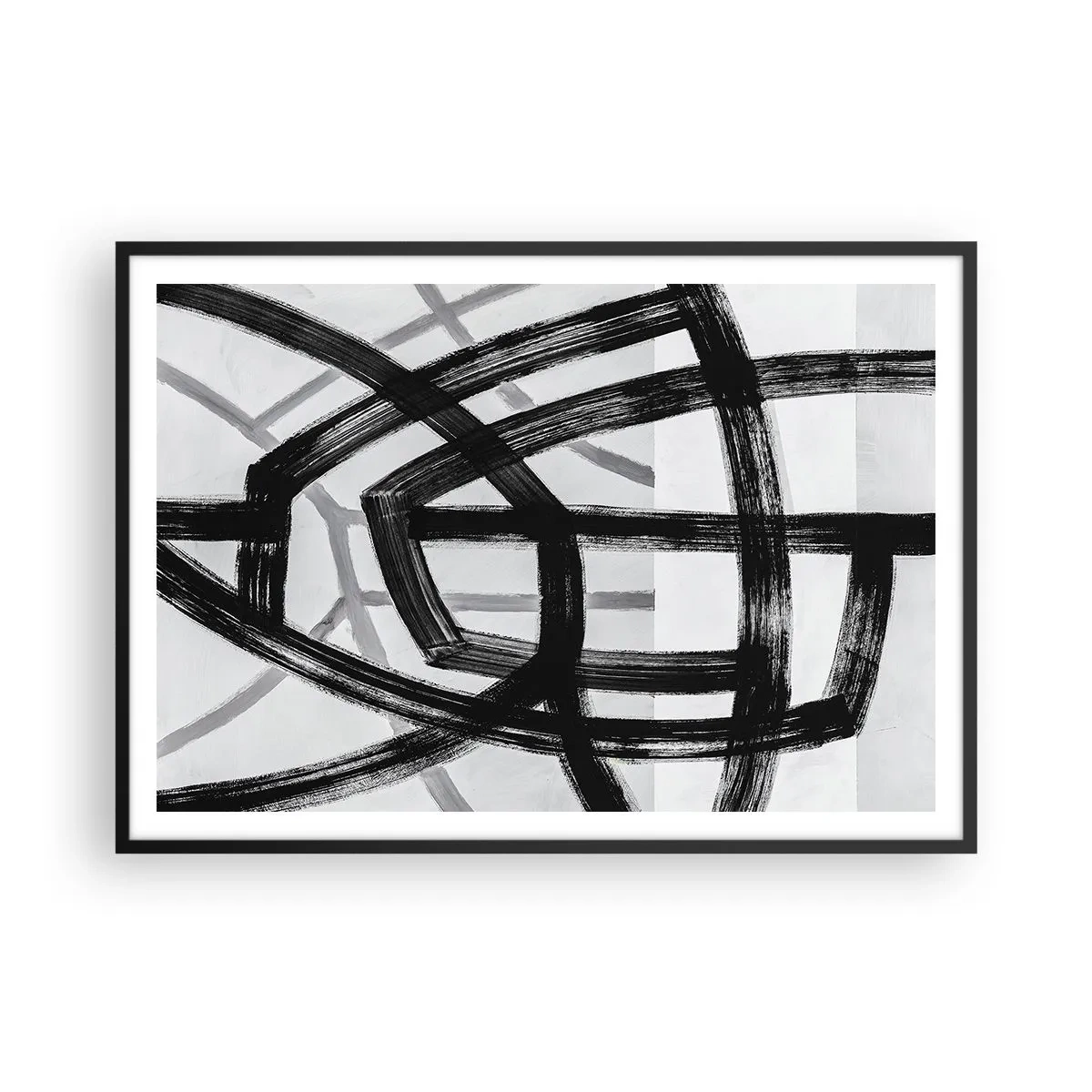Poster in einem schwarzem Rahmen - Schwarz-weiße abstrakte Linien, die sich auf hellem Hintergrund kreuzen - 100x70cm - Bautiefe - Moderne Wanddekoration für Wohnzimmer und Schlafzimmer ARTTOR