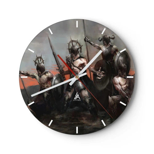 Wanduhr - Glasuhr - Eine Gruppe gepanzerter Krieger mit Schilden und Speeren in einer dynamischen Szene - 30x30cm - Mit oder auf einem Schild - Moderne Wanddekoration für Wohnzimmer, Küche und Schlafzimmer ARTTOR