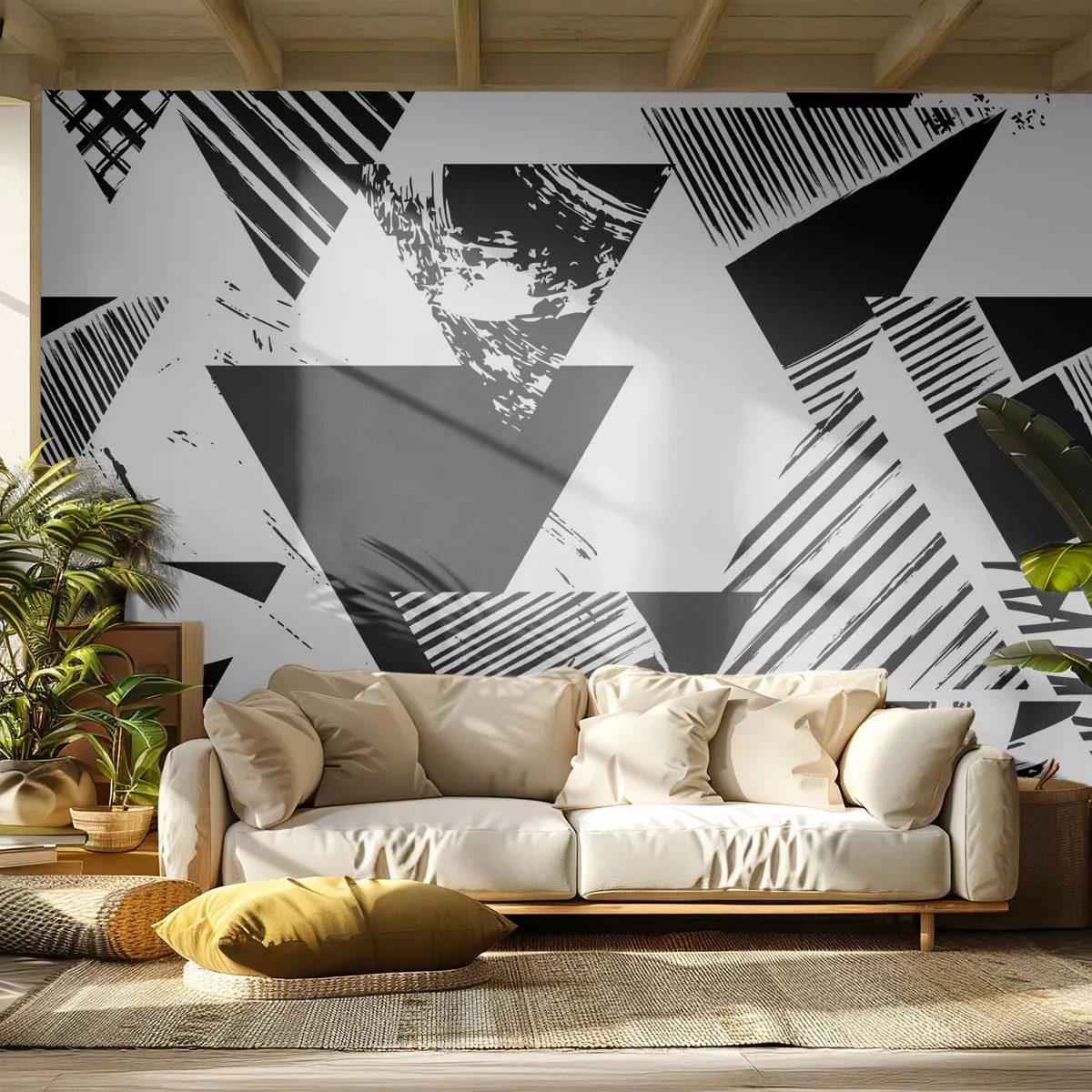 Fototapete Premium Canvas - Regen von Dreiecken - Abstraktion, Grafik, Schwarz und weiß - 200x140 cm