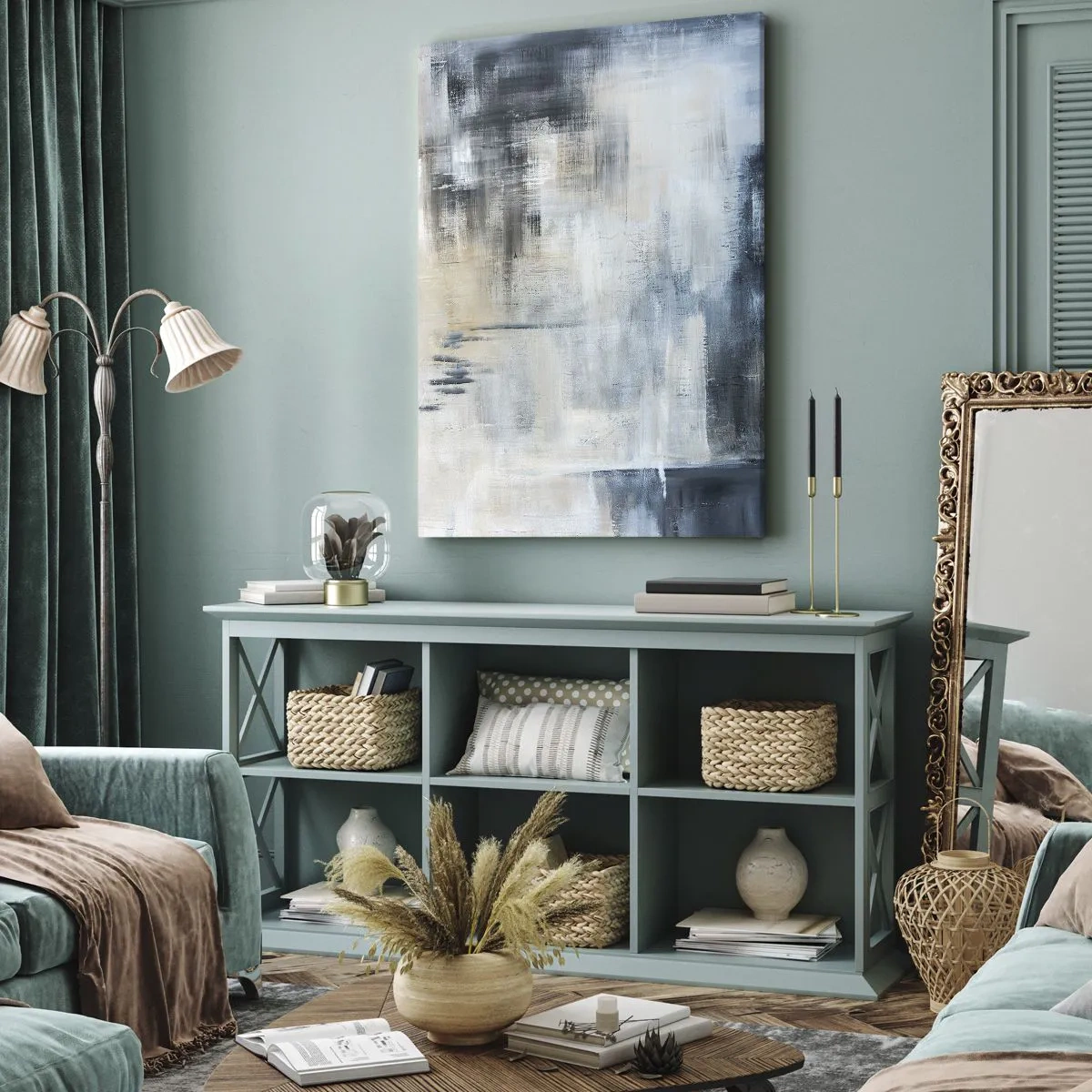 Bild auf Leinwand - Leinwandbild - Abstrakte Komposition in Blau- und Grautönen - 70x100cm - Hinter dem blauen Vorhang - Moderne Wanddekoration für Wohnzimmer und Schlafzimmer ARTTOR