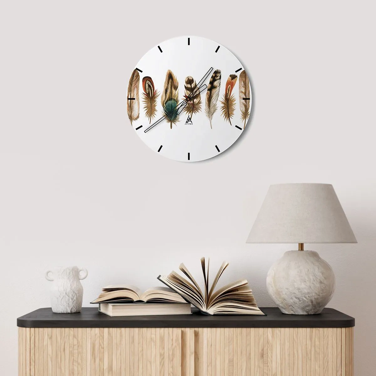 Wanduhr - Glasuhr - Bunte Federn in kunstvoller Anordnung - 30x30cm - Eine federleichte Variante - Moderne Wanddekoration für Wohnzimmer, Küche und Schlafzimmer ARTTOR