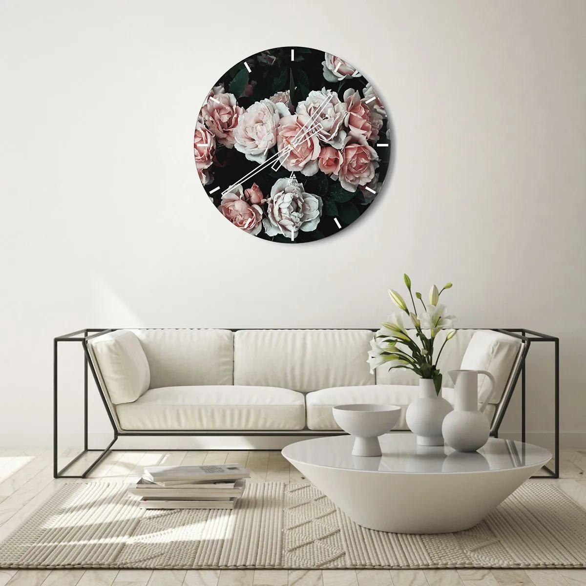Wanduhr - Glasuhr - Ein Strauß rosa Rosen auf dunklem Hintergrund - 30x30cm - Rosen-Ensemble - Moderne Wanddekoration für Wohnzimmer, Küche und Schlafzimmer ARTTOR