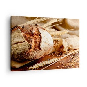 Bild auf Leinwand - Leinwandbild - Knuspriges Brot mit Körnern und Weizenähren auf Holzhintergrund - 70x50cm - Appetitanregend, duftend, knackig - Moderne Wanddekoration für Wohnzimmer und Schlafzimmer ARTTOR