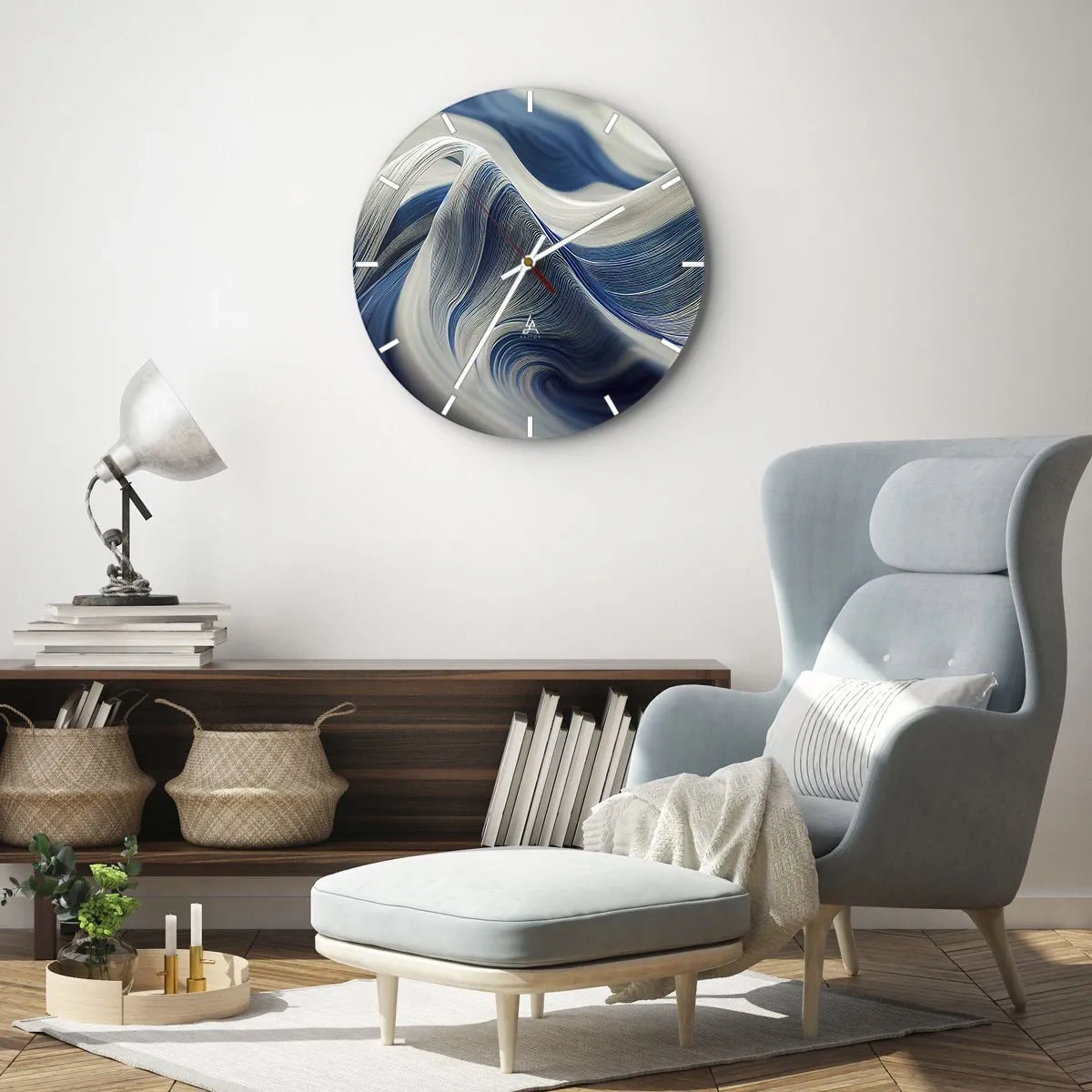 Wanduhr - Glasuhr - Dynamische Wirbel in Blau- und Weißtönen mit wellenförmiger Anordnung - 30x30cm - Fließfähigkeit von Blau und Weiß - Moderne Wanddekoration für Wohnzimmer, Küche und Schlafzimmer ARTTOR