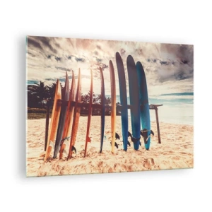 Glasbild - Bild auf glas - Bunte Surfbretter aufgereiht am Strand bei Sonnenuntergang - 70x50cm - Gute Nacht bis morgen - Moderne Wanddekoration für Wohnzimmer und Schlafzimmer ARTTOR