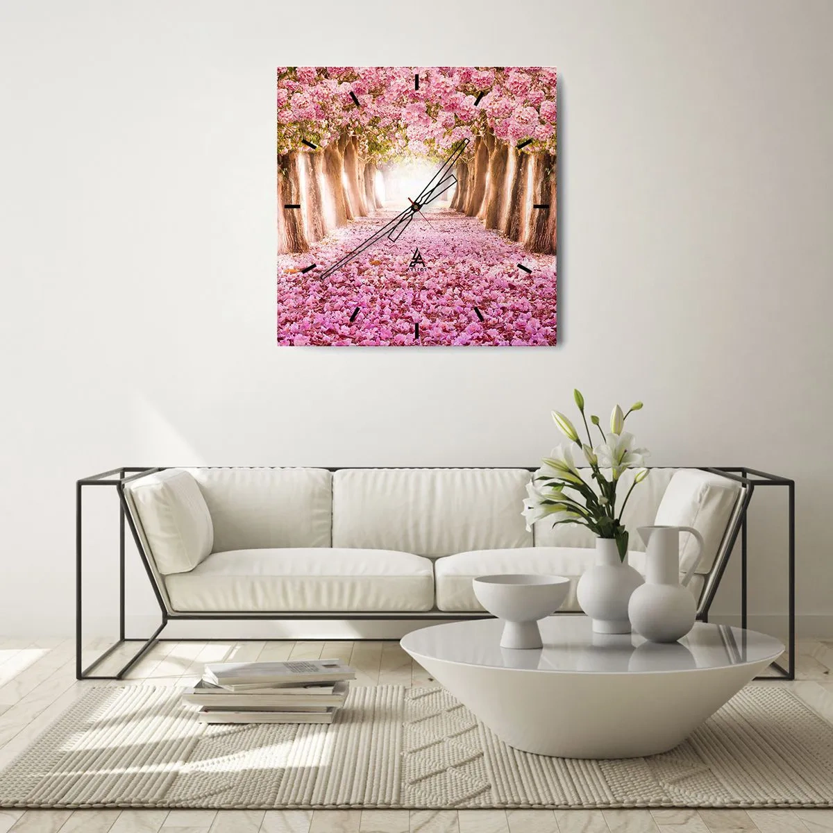 Wanduhr - Glasuhr - Eine Allee blühender Bäume in Rosatönen - 30x30cm - Der Weg ins Paradies - Moderne Wanddekoration für Wohnzimmer und Schlafzimmer ARTTOR