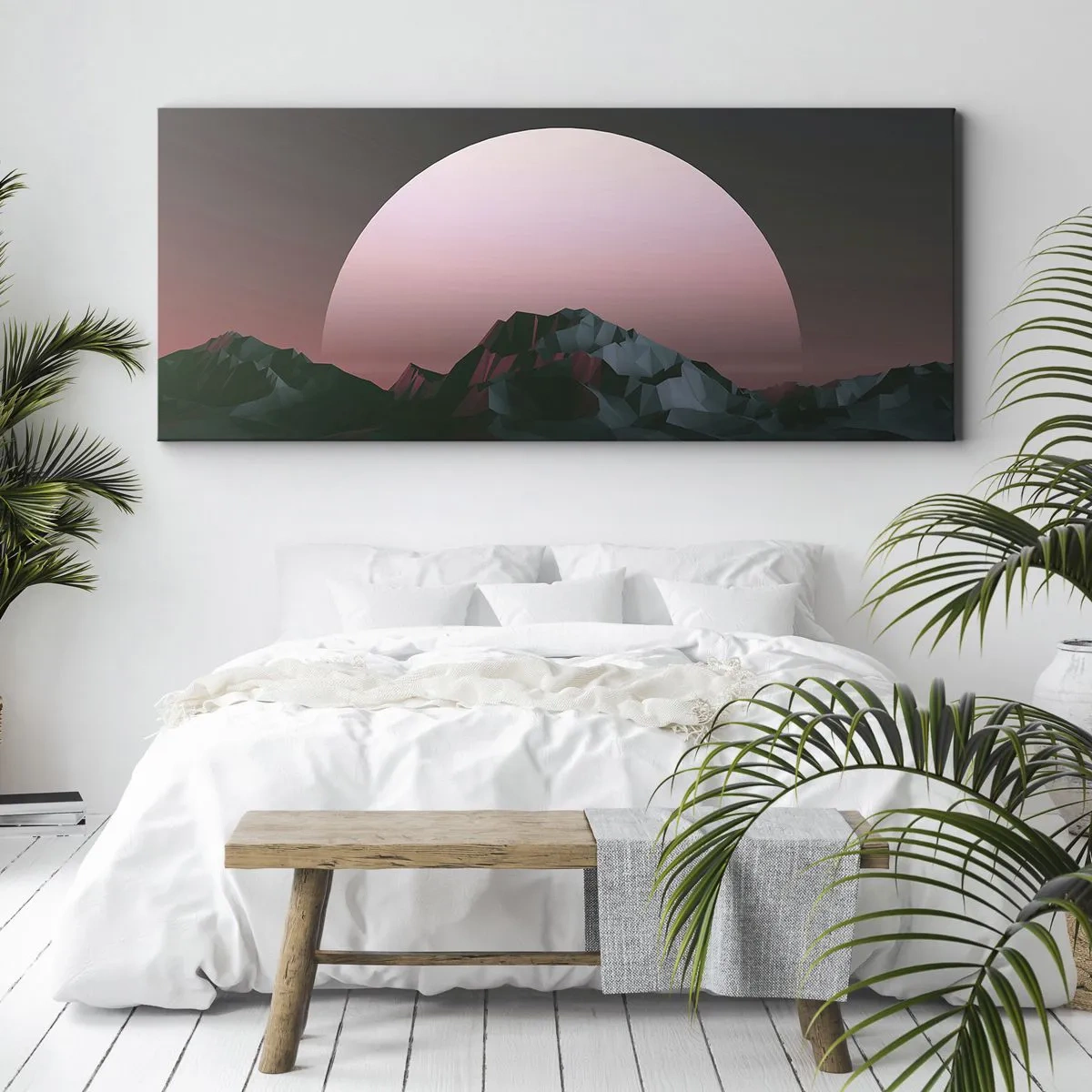 Bild auf Leinwand - Leinwandbild - Geometrische Berge mit der untergehenden Sonne im Hintergrund - 140x50cm - In einer Nachbargalaxie - Moderne Wanddekoration für Wohnzimmer und Schlafzimmer ARTTOR