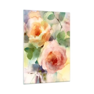Glasbild - Bild auf glas - Ein Aquarellgemälde von Rosen in zarten Pastellfarben. - 50x70cm - Zart wie Aquarell - Moderne Wanddekoration für Wohnzimmer und Schlafzimmer ARTTOR