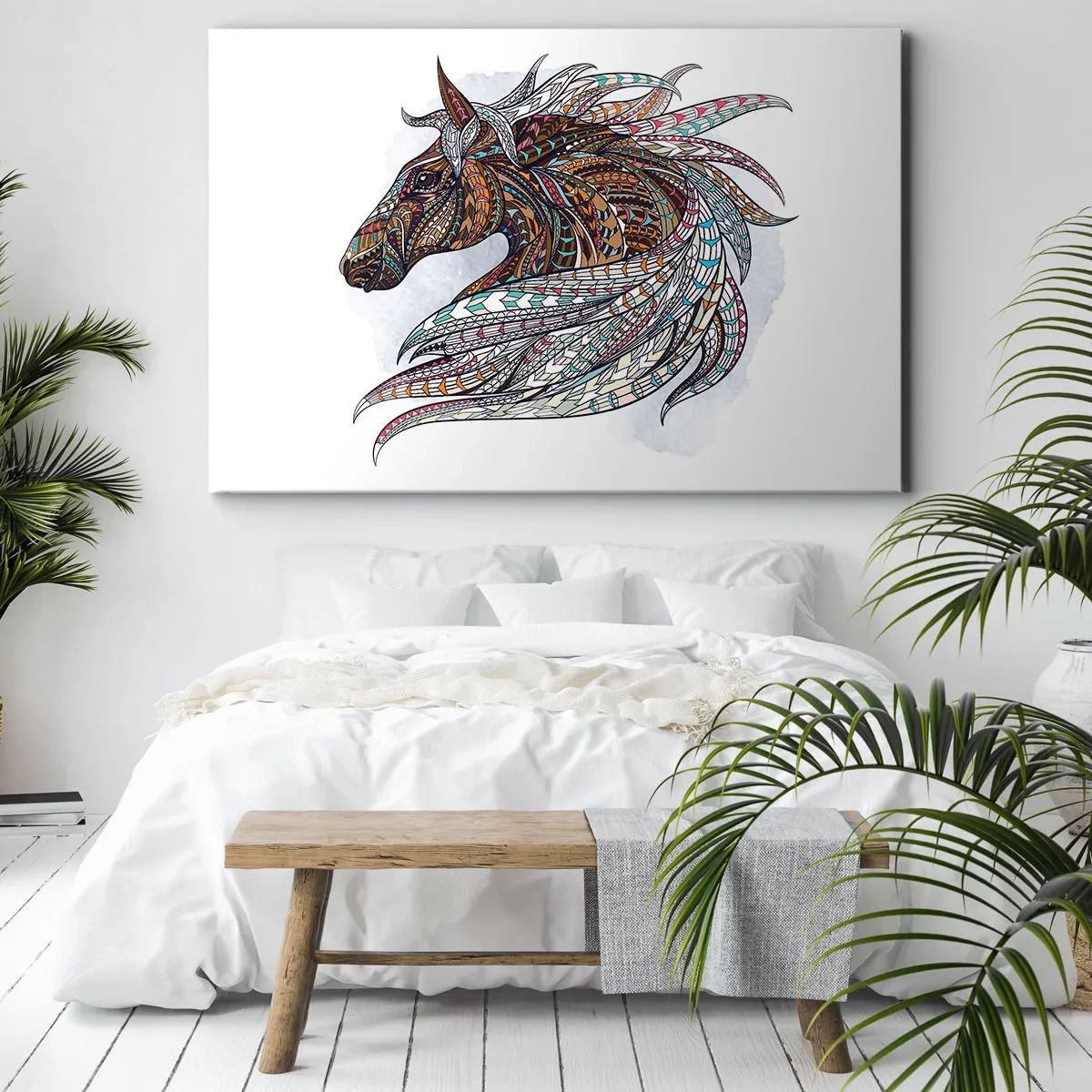 Bild auf Leinwand - Leinwandbild - Ein geometrisches Pferd mit einer farbenfrohen, detaillierten Mähne - 100x70cm - Keltisches Kriegsross - Moderne Wanddekoration für Wohnzimmer und Schlafzimmer ARTTOR