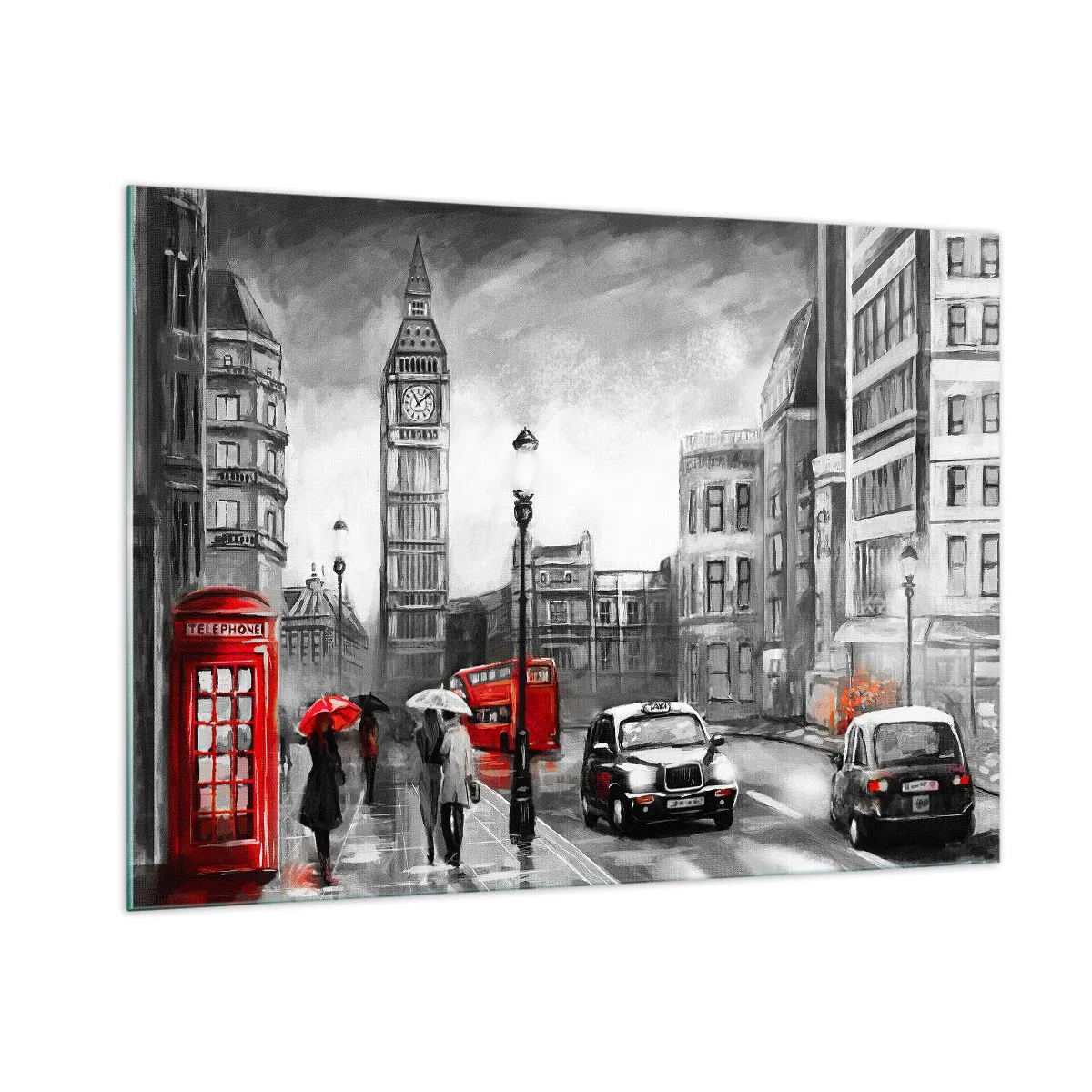 Glasbild - Bild auf glas - Big Ben und die Straßen von London mit roten Akzenten auf grauem Hintergrund - 100x70cm - Gar keine graue Stadt - Moderne Wanddekoration für Wohnzimmer und Schlafzimmer ARTTOR