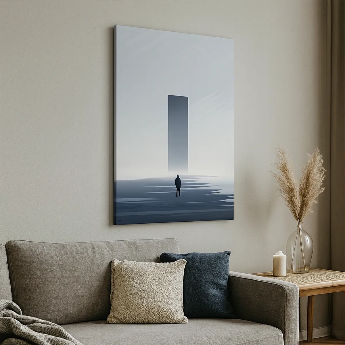 Bild auf Leinwand - Leinwandbild - Eine minimalistische Landschaft mit einer Silhouette neben einem rechteckigen Monolithen - 50x70cm - Chance oder Bedrohung? - Moderne Wanddekoration für Wohnzimmer und Schlafzimmer ARTTOR