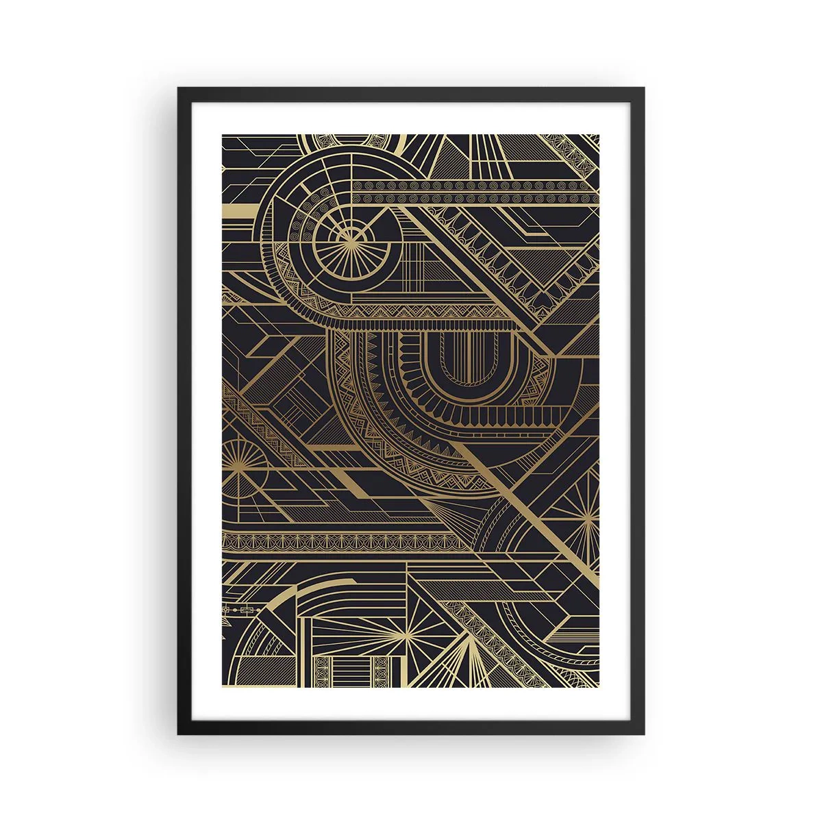 Poster in einem schwarzem Rahmen - Geometrisches Muster in goldenen Farbtönen auf schwarzem Hintergrund - 50x70cm - Konzepte, Ideen, Pläne - Moderne Wanddekoration für Wohnzimmer und Schlafzimmer ARTTOR