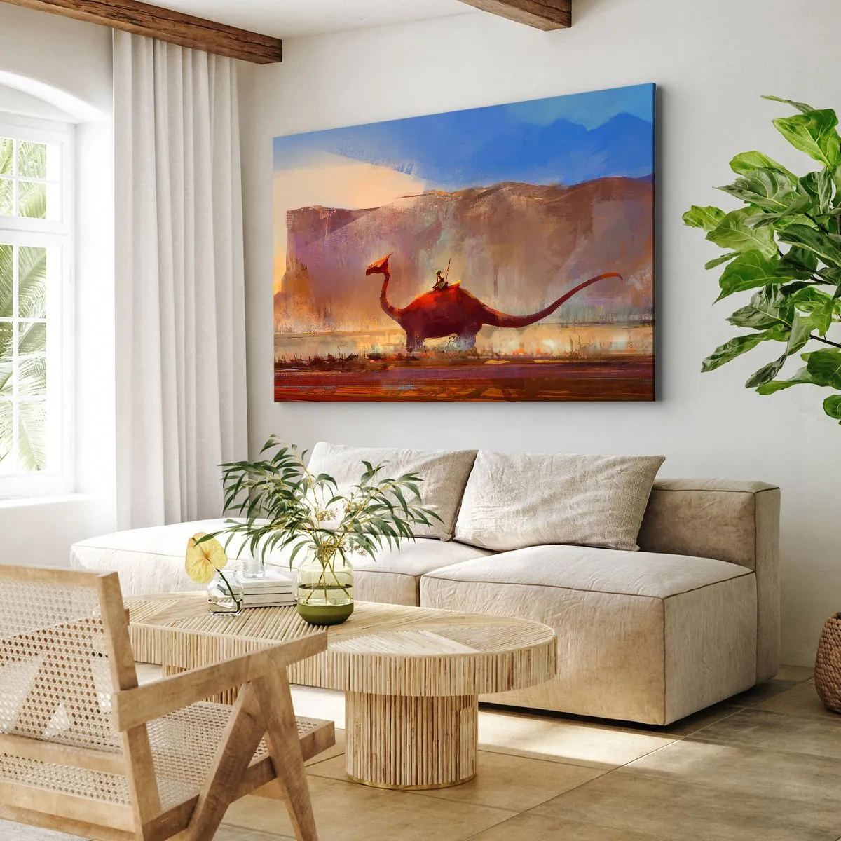 Bild auf Leinwand - Leinwandbild - Eine Fantasy-Szene mit einem Reiter auf einem prähistorischen Wesen - 120x80cm - Wenn sie nicht ausgestorben wären - Moderne Wanddekoration für Wohnzimmer und Schlafzimmer ARTTOR