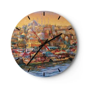 Wanduhr - Glasuhr - Ein farbenfrohes Hafenpanorama mit orientalischer Architektur - 30x30cm - Istanbuler Geschichte - Moderne Wanddekoration für Wohnzimmer, Küche und Schlafzimmer ARTTOR