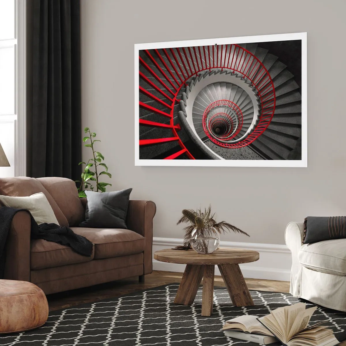 Poster - Wendeltreppe mit roten Handläufen in dynamischer Perspektive - 100x70cm - Architekturspaß - Moderne Wanddekoration für Wohnzimmer und Schlafzimmer ARTTOR