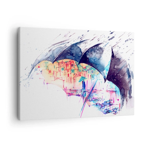 Bild auf Leinwand - Leinwandbild - Eine bunte Stadt, versteckt unter abstrakten Regenschirmen - 70x50cm - Im Regen spazieren gehen - Moderne Wanddekoration für Wohnzimmer und Schlafzimmer ARTTOR