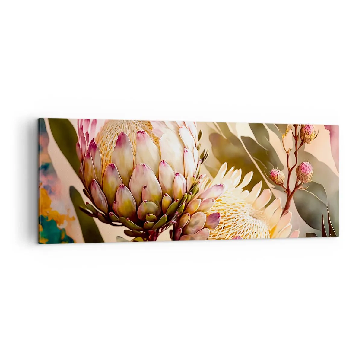 Bild auf Leinwand - Leinwandbild - Bunte Protea-Blüten auf zartem Hintergrund - 140x50cm - Zärtlich umarmt - Moderne Wanddekoration für Wohnzimmer und Schlafzimmer ARTTOR