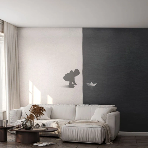 Selbstklebende Fototapete Deluxe Sticker - Tolle Expedition - Kind, Schwarz und weiß, Wasser - 250x175 cm