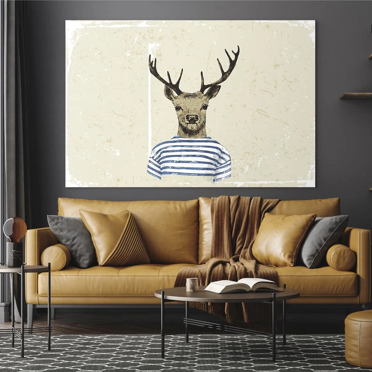 Glasbild - Bild auf glas - Grafik eines Hirsches im Matrosenhemd auf hellem Hintergrund - 100x70cm - Weil ich gestreifte T-Shirts mag! - Moderne Wanddekoration für Wohnzimmer und Schlafzimmer ARTTOR