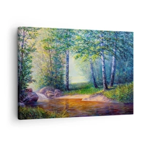 Bild auf Leinwand - Leinwandbild - Ein Waldbach, umgeben von Birken und Sonnenschein - 70x50cm - Idyllische Landschaft - Moderne Wanddekoration für Wohnzimmer und Schlafzimmer ARTTOR
