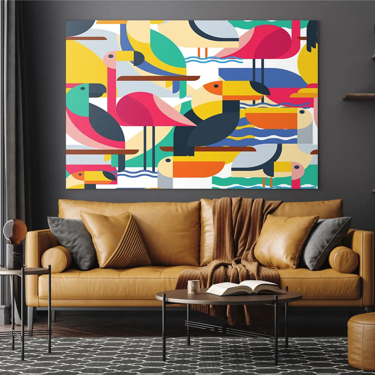 Glasbild - Bild auf glas - Abstrakte Darstellung bunter Vögel im geometrischen Stil - 100x70cm - Vogelparty - Moderne Wanddekoration für Wohnzimmer und Schlafzimmer ARTTOR