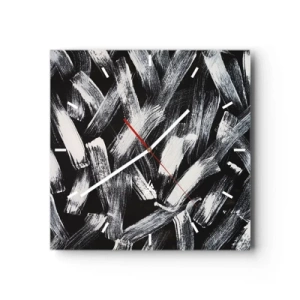 Wanduhr - Glasuhr - Dynamische Abstraktion mit weißen Pinselstrichen auf schwarzem Hintergrund. - 30x30cm - Abstraktion im industriellen Geist - Moderne Wanddekoration für Wohnzimmer und Schlafzimmer ARTTOR