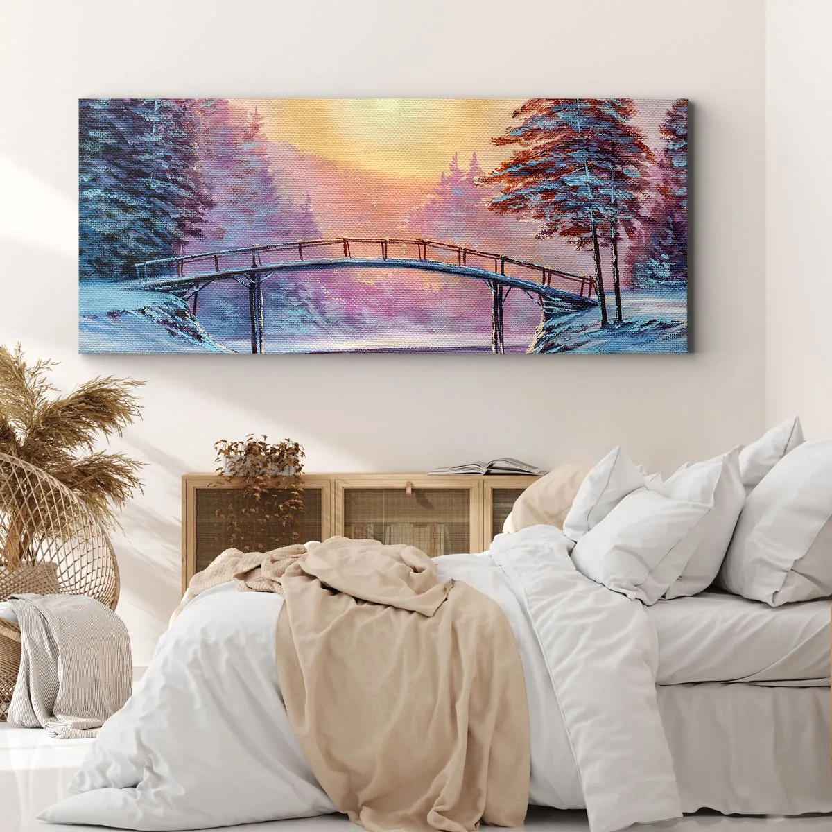 Bild auf Leinwand - Leinwandbild - Winterlandschaft mit einer vom Sonnenuntergang beleuchteten Brücke - 120x50cm - Vier Jahreszeiten - Winter - Moderne Wanddekoration für Wohnzimmer und Schlafzimmer ARTTOR