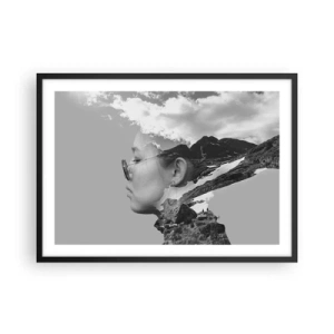 Poster in einem schwarzem Rahmen - Eine Schwarz-Weiß-Komposition mit der Silhouette einer Frau und einer Berglandschaft. - 70x50cm - Top und bewölktes Porträt - Moderne Wanddekoration für Wohnzimmer und Schlafzimmer ARTTOR