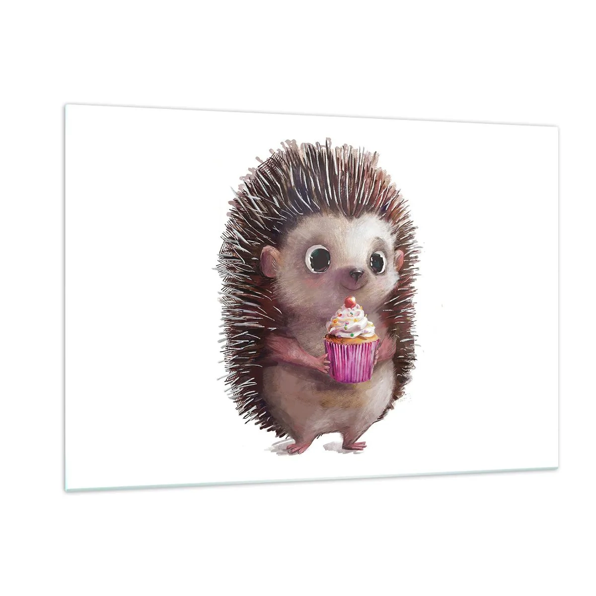 Glasbild - Bild auf glas - Ein süßer Igel mit einem Cupcake auf weißem Hintergrund - 120x80cm - Der Feiertag ist jeden Tag - Moderne Wanddekoration für Wohnzimmer und Schlafzimmer ARTTOR