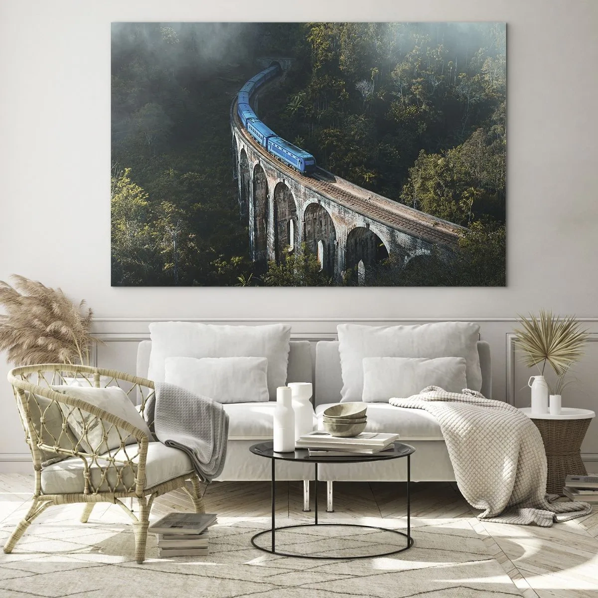 Glasbild - Bild auf glas - Ein blauer Zug, der auf einem Steinviadukt im Wald fährt - 70x50cm - Neigung zur Natur - Moderne Wanddekoration für Wohnzimmer und Schlafzimmer ARTTOR