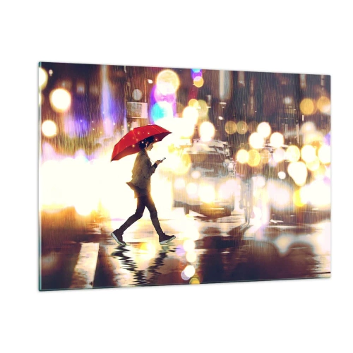 Glasbild - Bild auf glas - Eine Figur mit einem roten Regenschirm auf einer verregneten Straße in der Nacht - 120x80cm - Und doch sonnig - Moderne Wanddekoration für Wohnzimmer und Schlafzimmer ARTTOR