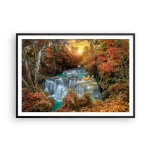 Poster in einem schwarzem Rahmen - Herbstlicher Wasserfall, umgeben von bunten Bäumen im Sonnenlicht - 100x70cm - Versteckter Schatz des Waldes - Moderne Wanddekoration für Wohnzimmer und Schlafzimmer ARTTOR