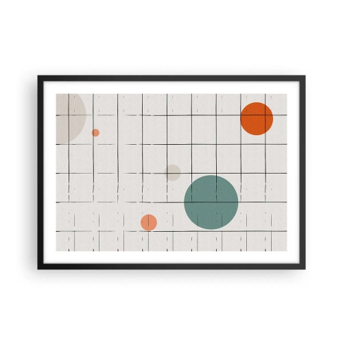 Poster in einem schwarzem Rahmen - Abstrakte farbige Kreise auf einem geometrischen Gitterhintergrund - 70x50cm - Gefangen. Wir oder sie? - Moderne Wanddekoration für Wohnzimmer und Schlafzimmer ARTTOR