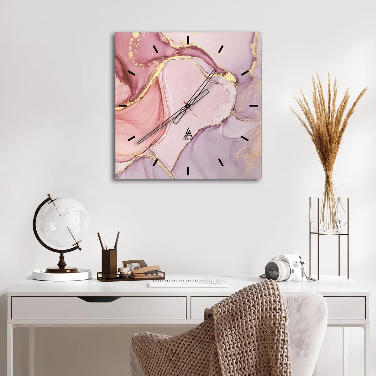 Wanduhr - Glasuhr - Zarte abstrakte Muster in Rosa- und Goldtönen - 30x30cm - Eine Liebkosung der Farben - Moderne Wanddekoration für Wohnzimmer und Schlafzimmer ARTTOR