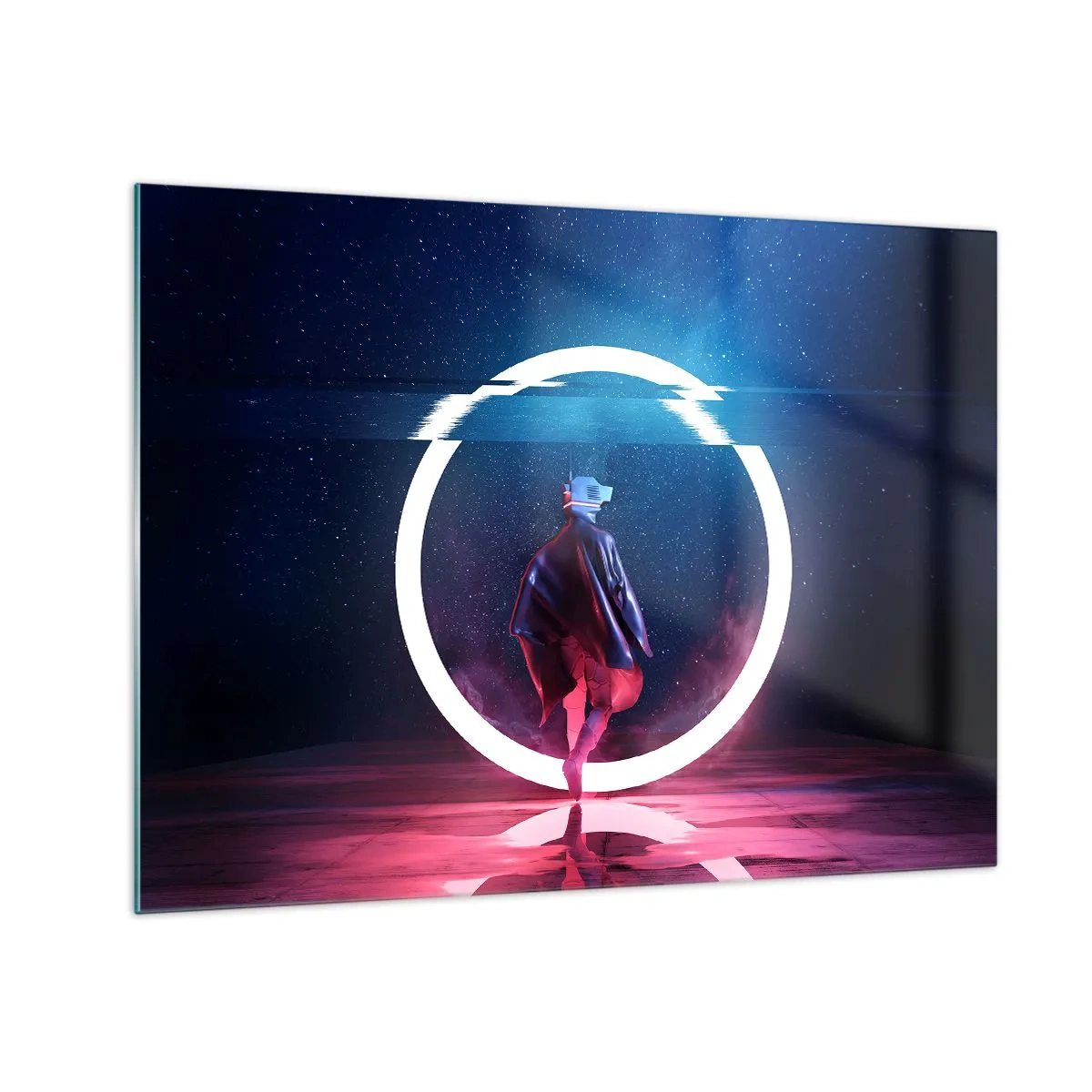 Glasbild - Bild auf glas - Eine Figur in futuristischem Setting mit Neonring - 70x50cm - Zwischen den Welten - Moderne Wanddekoration für Wohnzimmer und Schlafzimmer ARTTOR