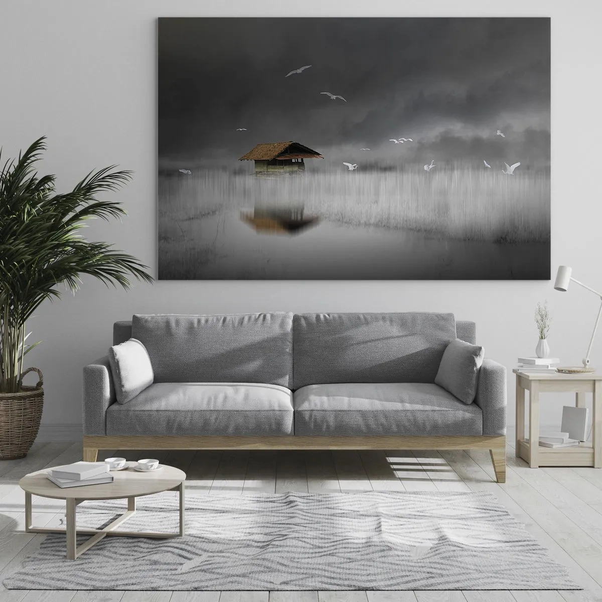 Glasbild - Bild auf glas - Ein Haus auf dem Wasser im Nebel mit fliegenden Vögeln - 120x80cm - Schutz vor Regen - Moderne Wanddekoration für Wohnzimmer und Schlafzimmer ARTTOR