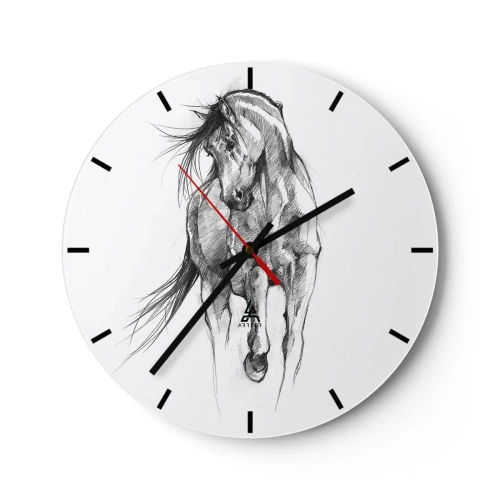Wanduhr - Glasuhr - Eine Bleistiftskizze eines galoppierenden Pferdes auf weißem Hintergrund. - 30x30cm - Im anmutigen Trab - Moderne Wanddekoration für Wohnzimmer, Küche und Schlafzimmer ARTTOR