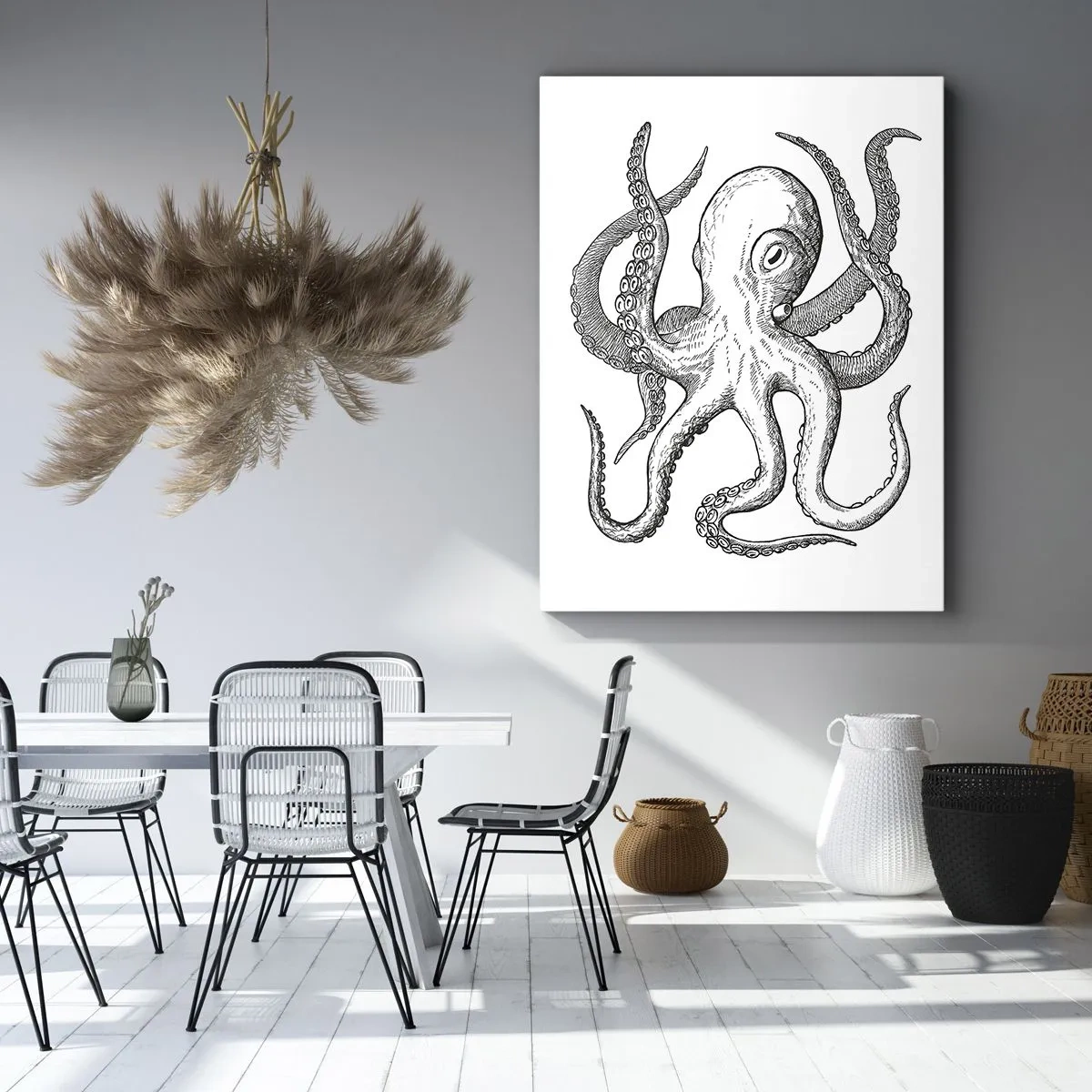 Bild auf Leinwand - Leinwandbild - Schwarz-weiße Zeichnung eines Oktopus auf weißem Hintergrund im Vintage-Stil - 80x120cm - Mit den Wellen tanzen - Moderne Wanddekoration für Wohnzimmer und Schlafzimmer ARTTOR