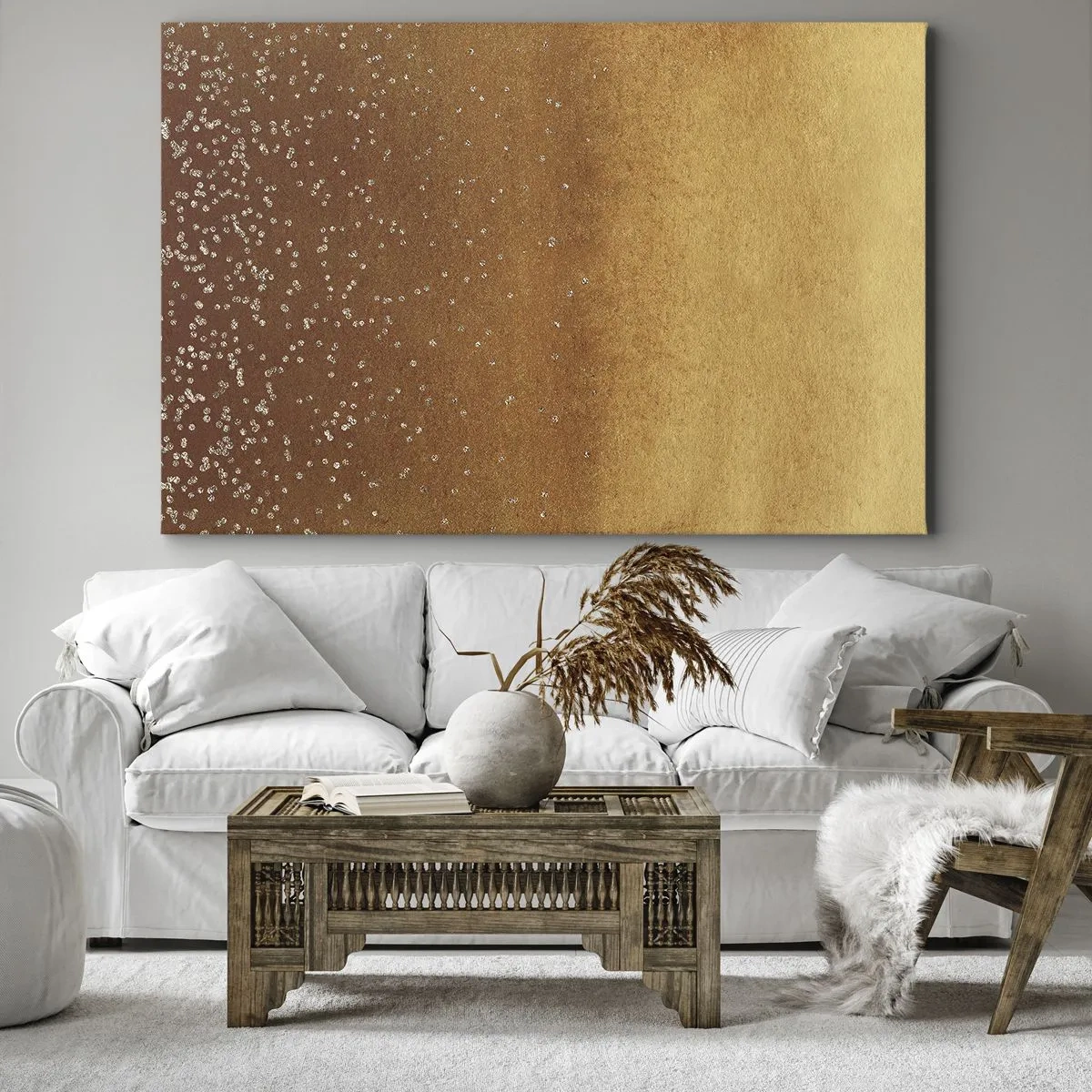 Bild auf Leinwand - Leinwandbild - Ein goldener Farbverlauf mit dezentem Schimmer und Verzierung - 70x50cm - Die Geburt des Lichts - Moderne Wanddekoration für Wohnzimmer und Schlafzimmer ARTTOR