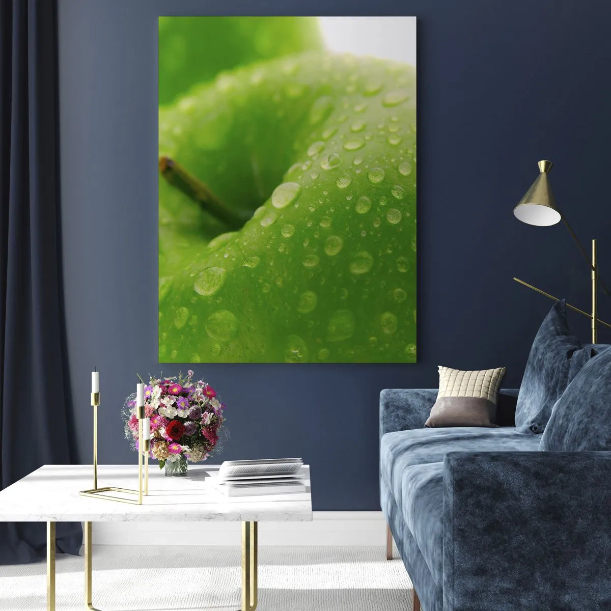 Glasbild - Bild auf glas - Ein grüner Apfel bedeckt mit Wassertropfen - 50x70cm - Grüne kühle Frische - Moderne Wanddekoration für Wohnzimmer und Schlafzimmer ARTTOR